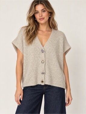 Easy Clothes Mohair Wool Blend Jeweled Button Sweater Vest Oatmeal Made in Italy